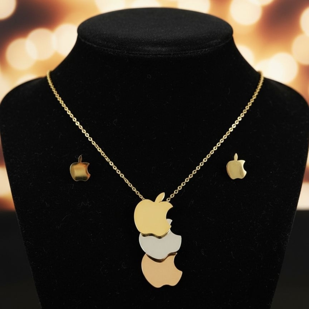 Gold, Silver, Rose Apple Pendant Necklace and Earrings Set